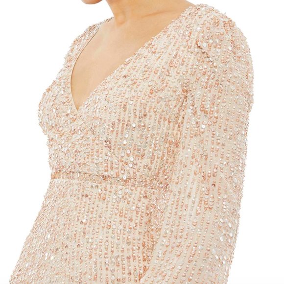 Mac Duggal SEQUINED ILLUSION PUFF SLEEVE V NECK MIDI DRESS GOWN - Picture 3 of 3